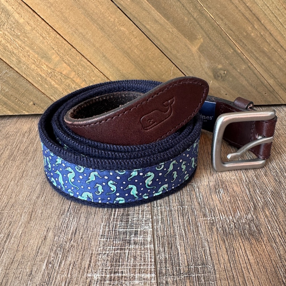 Vineyard Vines Mens 42 Seahorse Silk Canvas Leather Club Belt Navy Blue Preppy